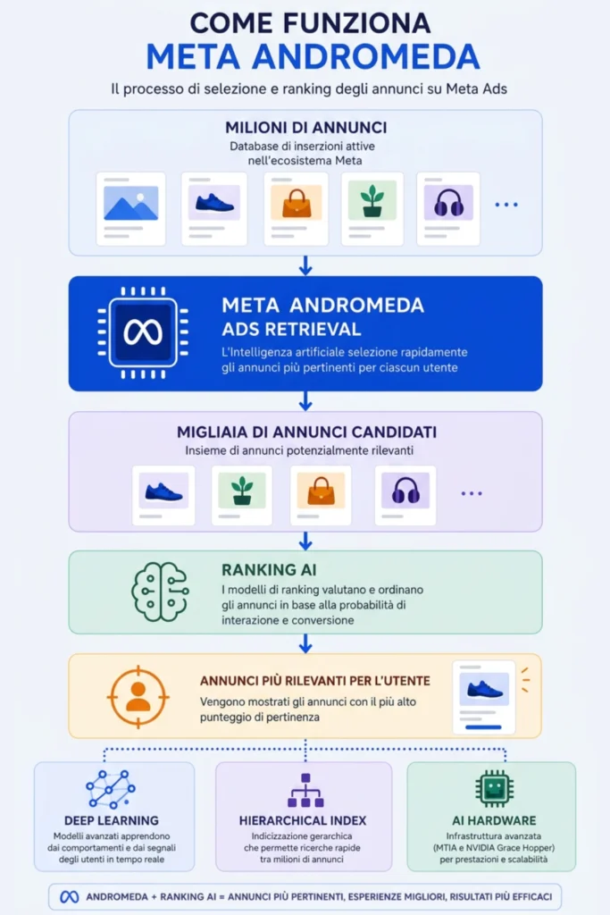Come funziona Meta Andromeda nel processo di selezione e ranking degli annunci Meta Ads